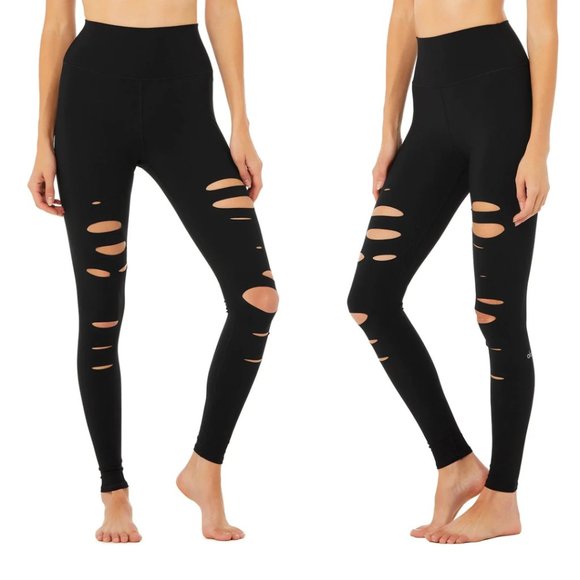 Alo High Waist Warrior Ripped Leggings Small Black Yoga Pants Athletics